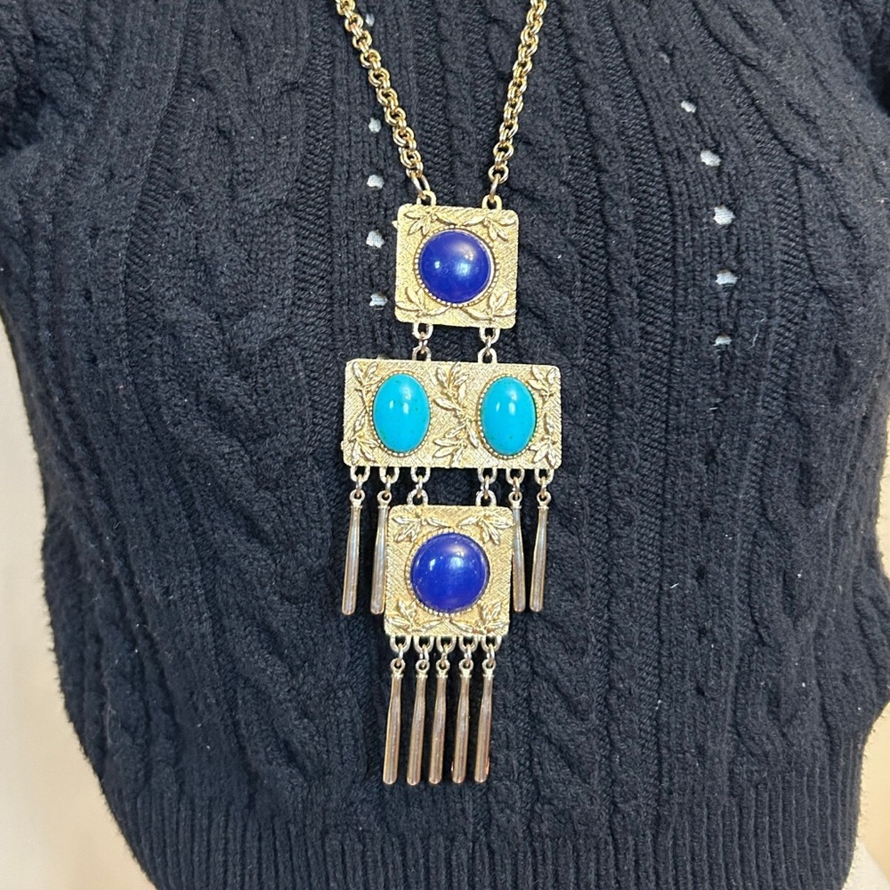 Vintage Gold and Blue Statement Necklace - Picture 5 of 5
